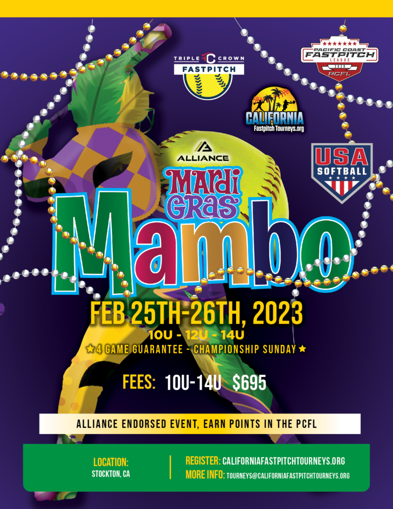 Mardi Grass Mambo Flier California Fastpitch Tourneys